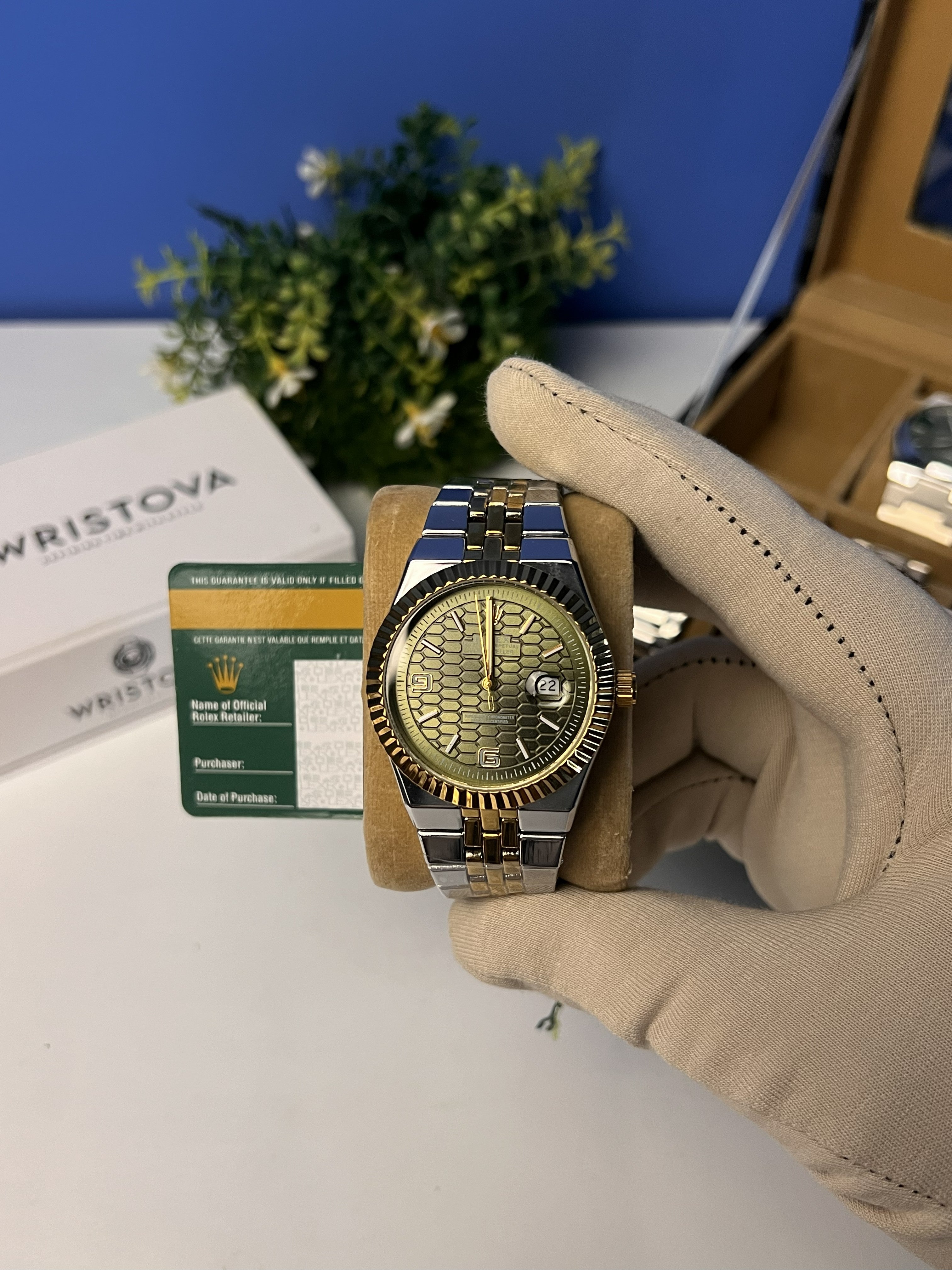 Rolex Honeycomb Metalic Green Dial Analog Watch