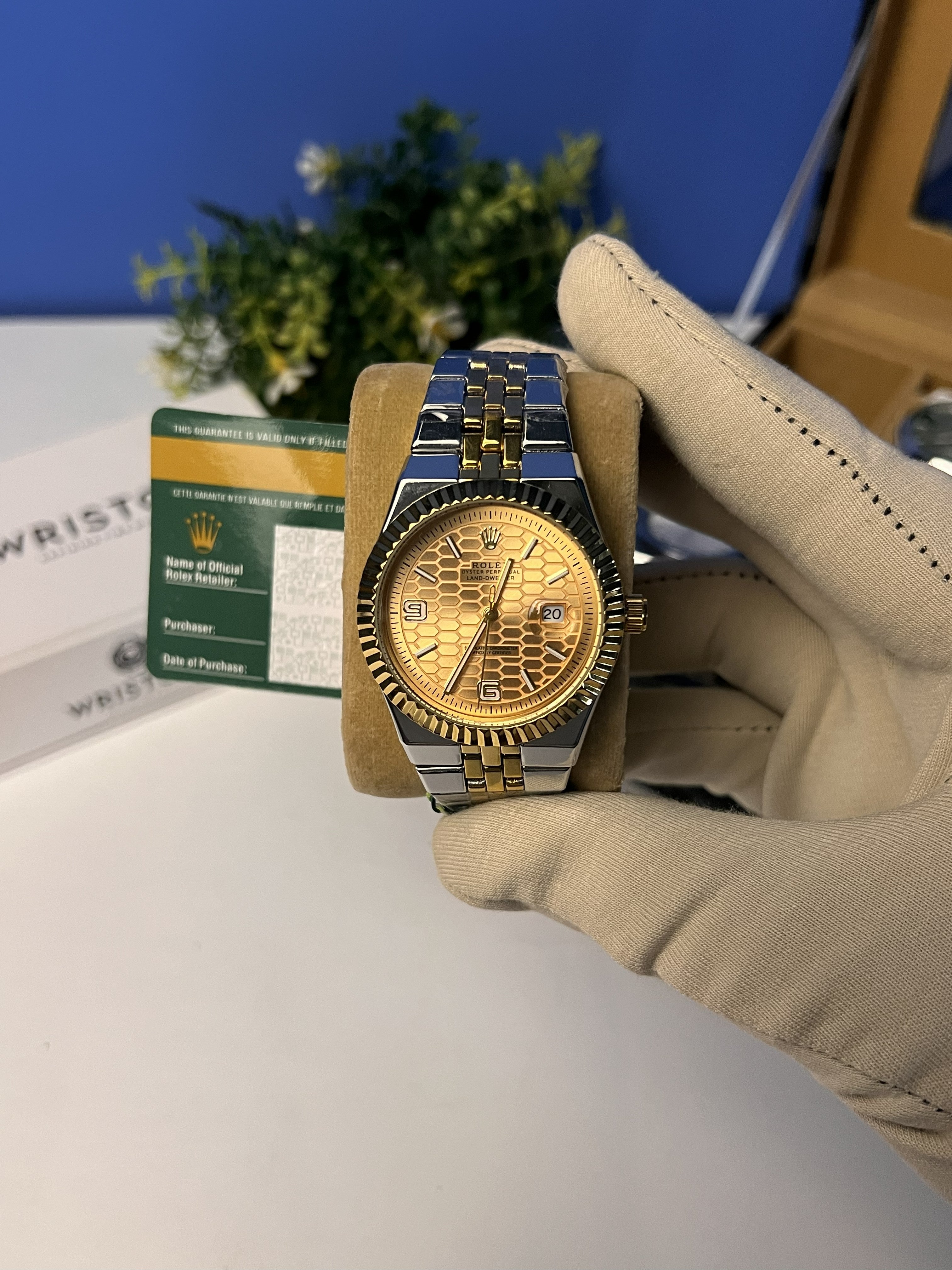 Rolex Honeycomb Gold Dial Analog Watch