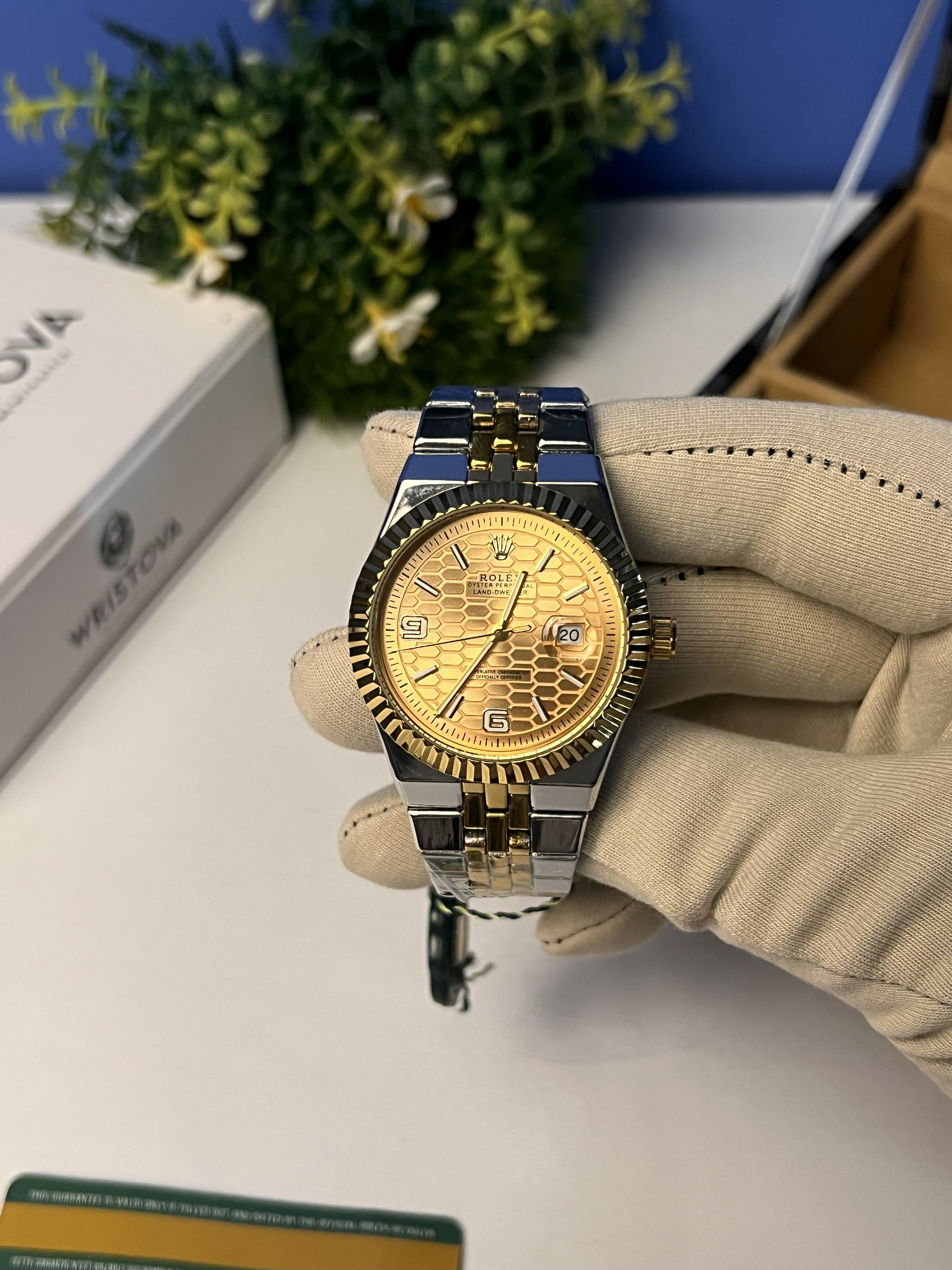 Rolex Honeycomb Gold Dial Analog Watch