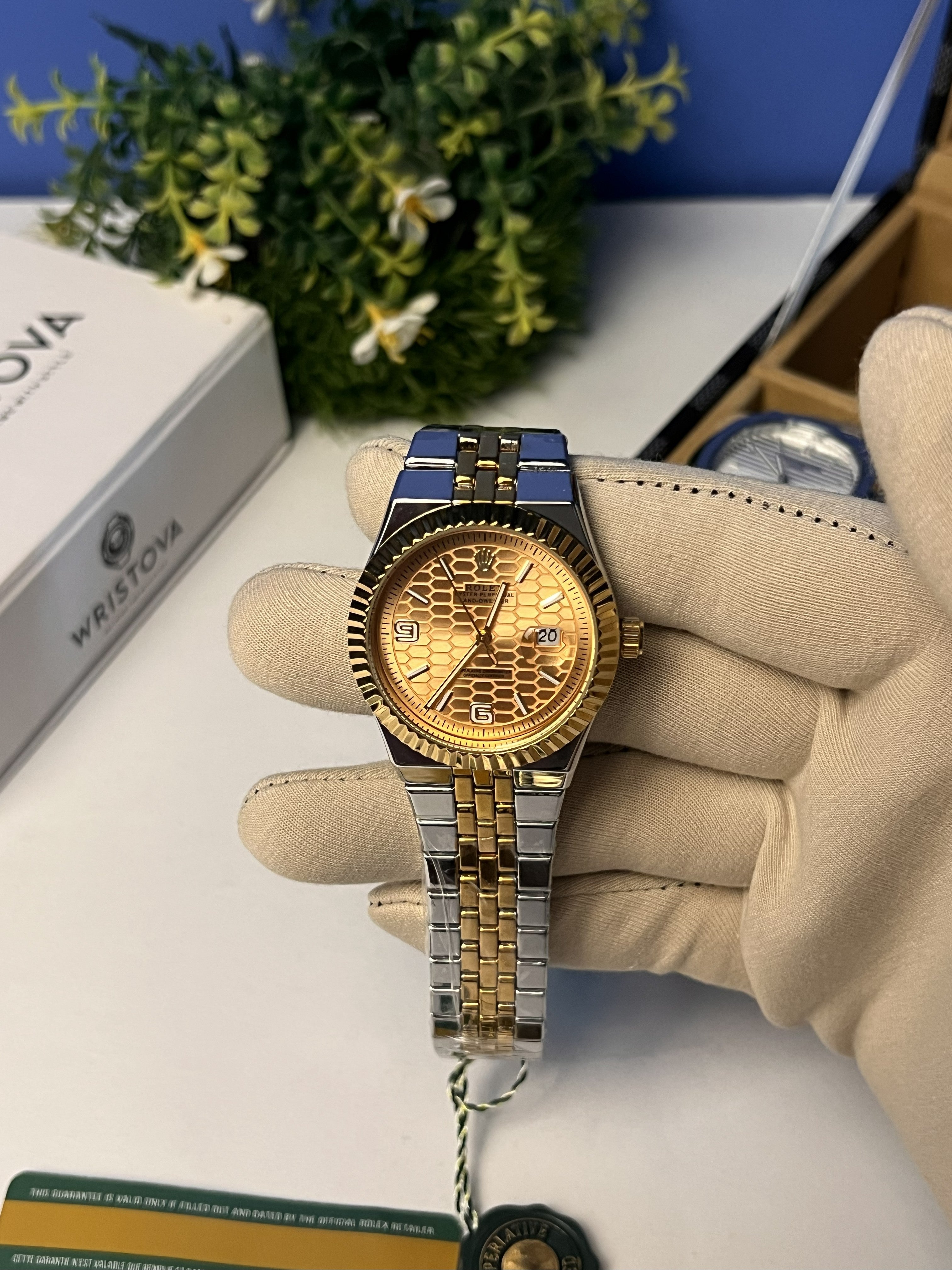 Rolex Honeycomb Gold Dial Analog Watch