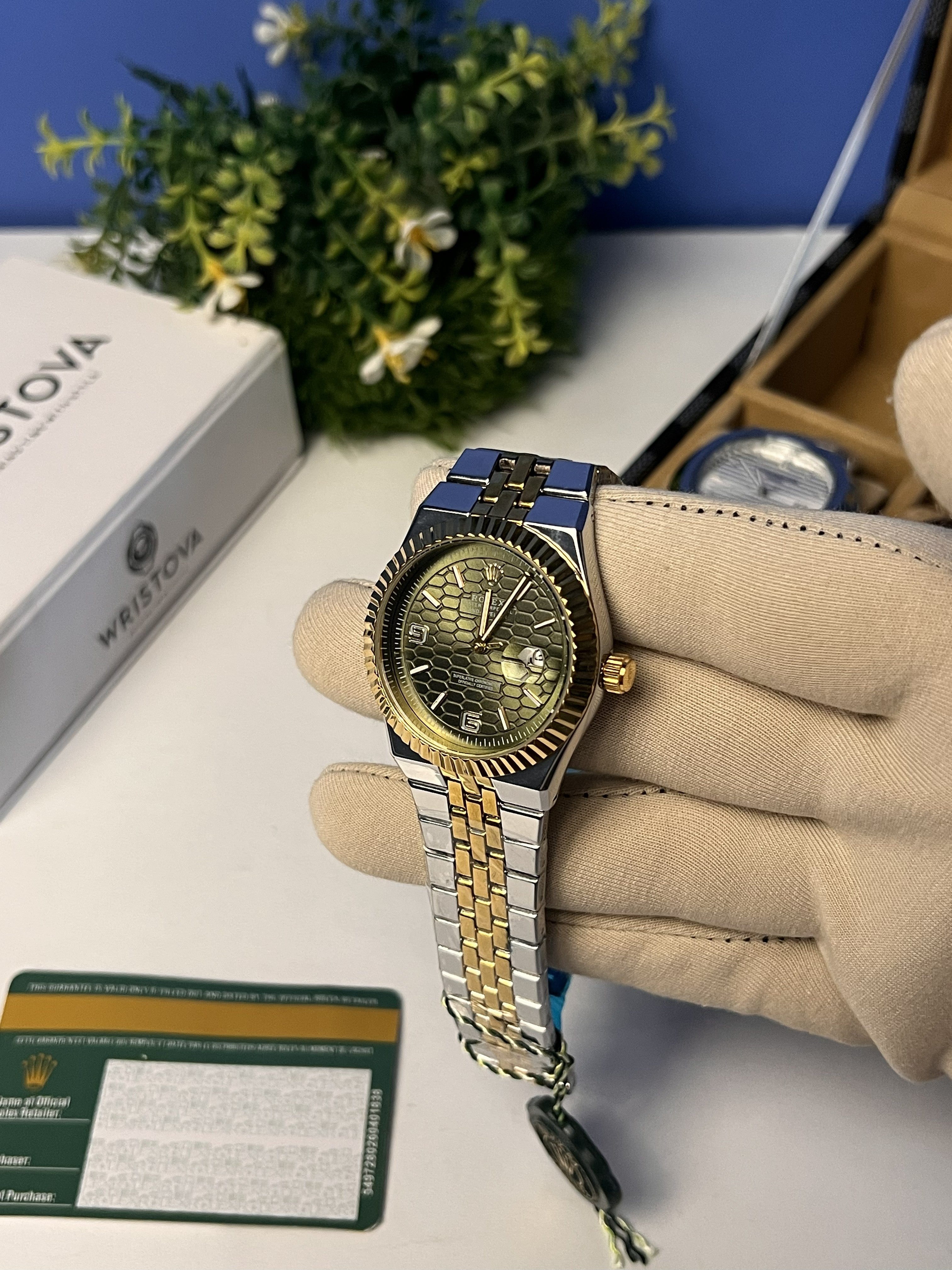 Rolex Honeycomb Metalic Green Dial Analog Watch